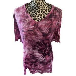Catherines Blouse 3X Pink Barbiecore Beaded Floral Top  58” Bust Tie Dye